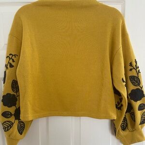 Mustard Floral-Sleeve Crewneck Sweater